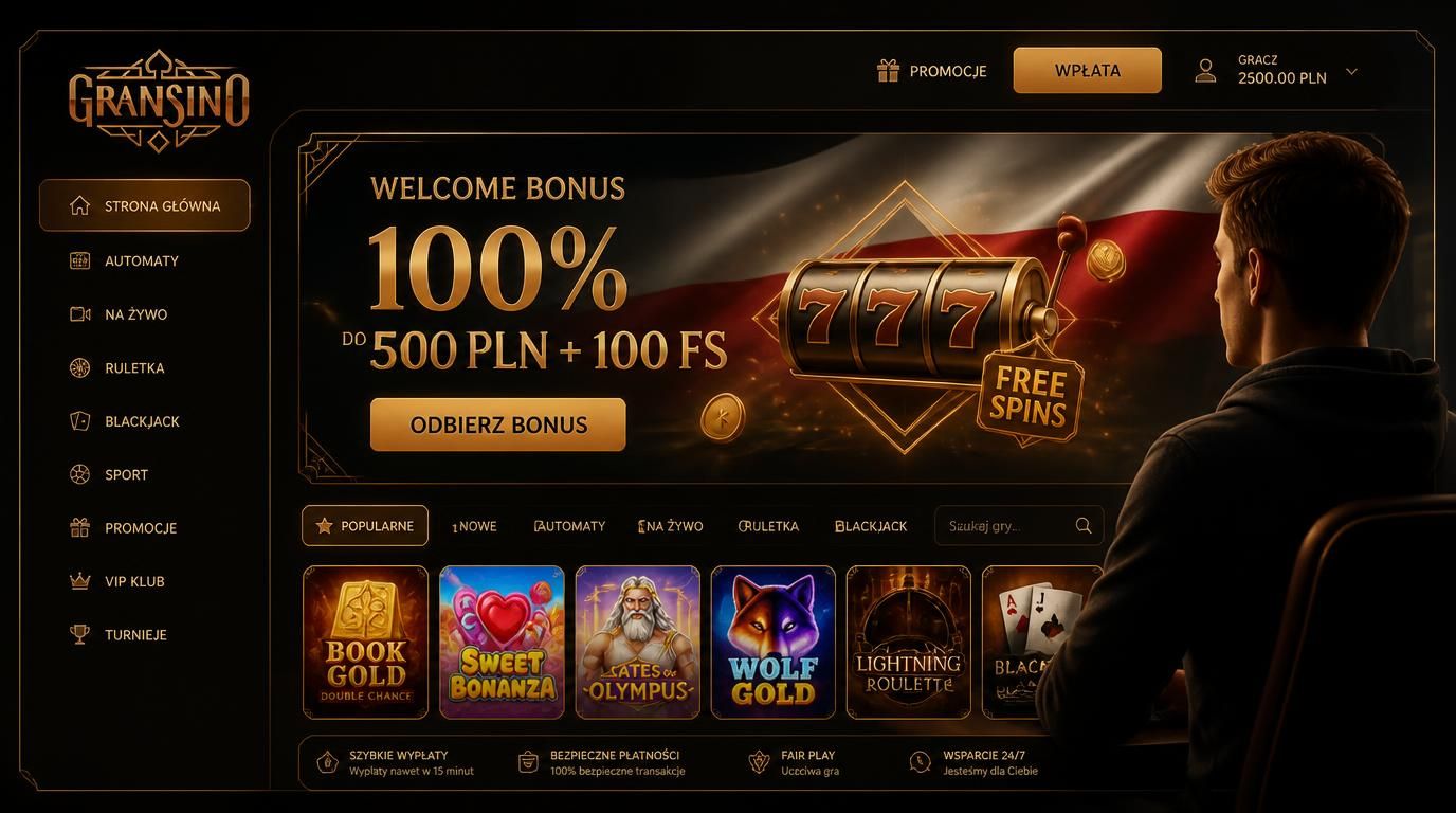Obrazek prezentujący bonus powitalny z Gransino: ekran z ofertą 100 % do 500 PLN + 100 darmowych spinów na tle kasyna