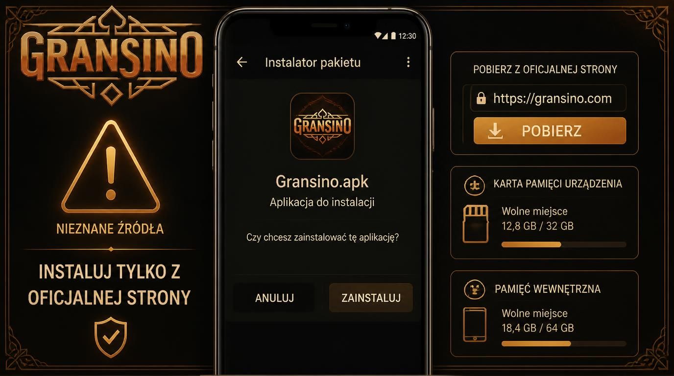 Telefon Android z oknem instalacji .apk Gransino