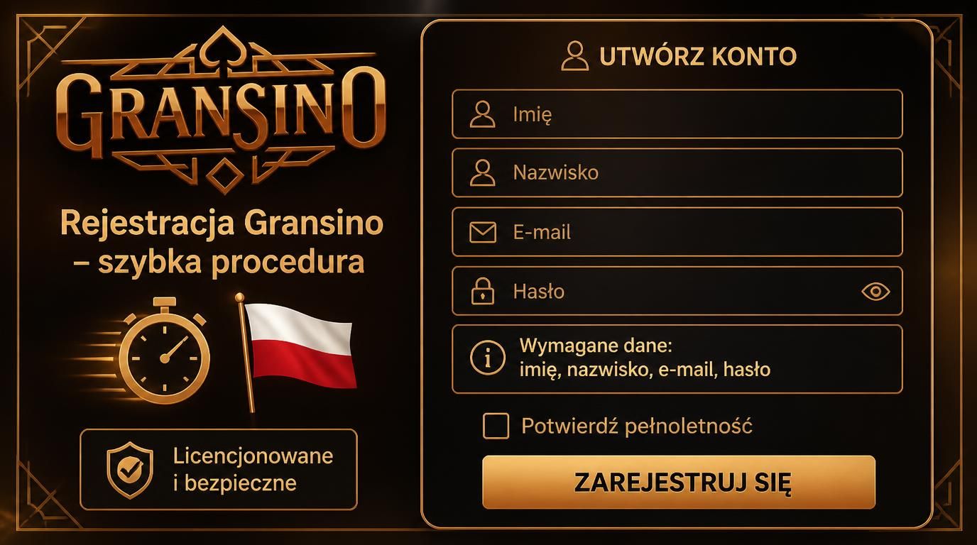 Formularz rejestracyjny Gransino pokazany na tle polskiej flagi