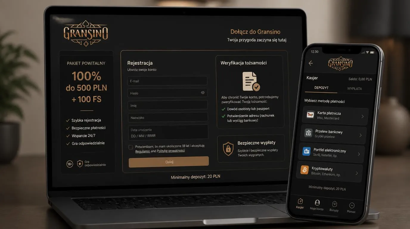 Ekran rejestracji i kasa online z wyborem metody wpłaty oraz informacją o weryfikacji tożsamości