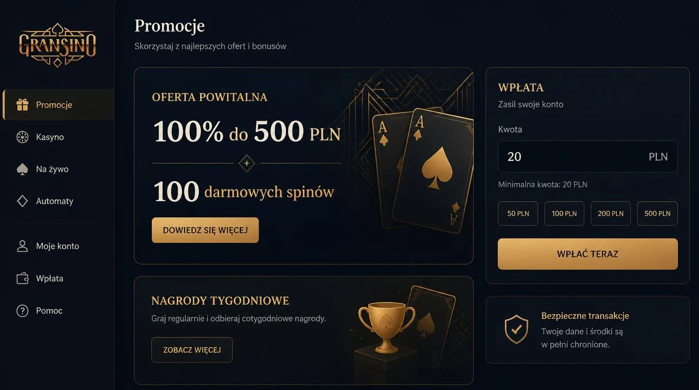 Ekran promocji kasyna z bonusem 100% do 500 PLN, 100 darmowymi spinami i minimalną wpłatą 20 PLN